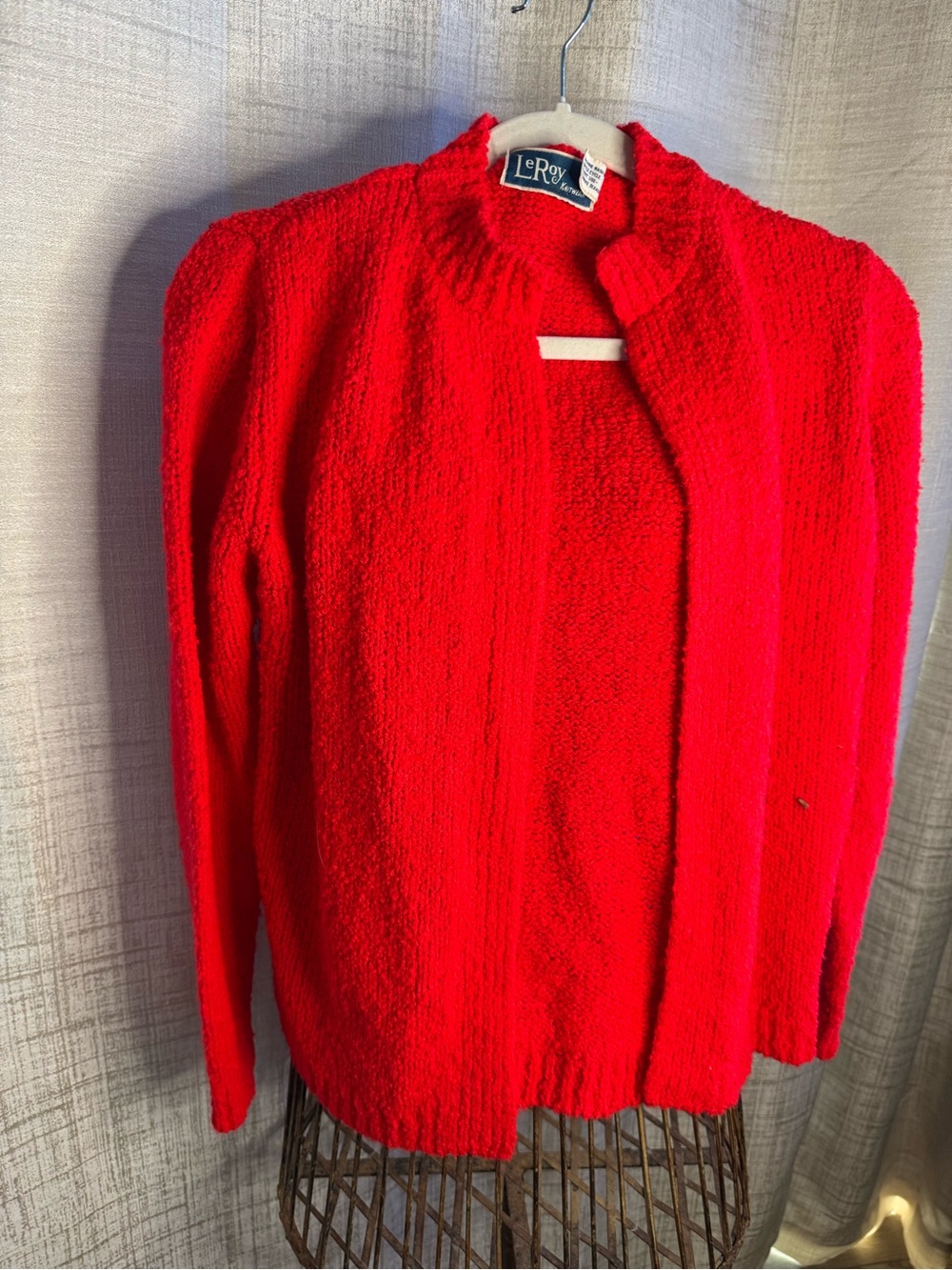 Vintage 80s Leroy Knitwear Red Chunky Knit Open Cardigan Sz LG